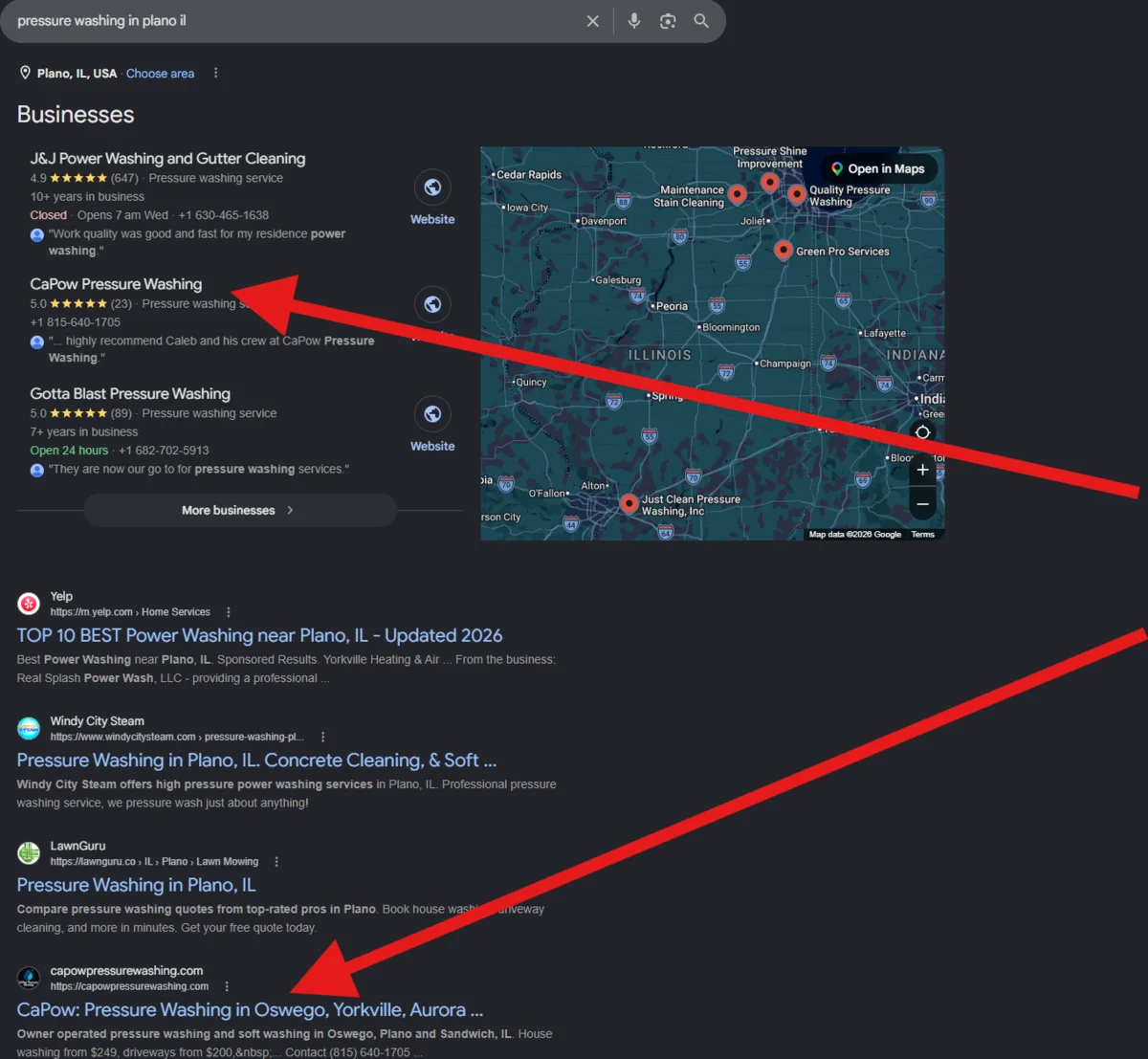 Google search results for pressure washing in plano il with arrows pointing to CaPow in the top three businesses and on page one organic